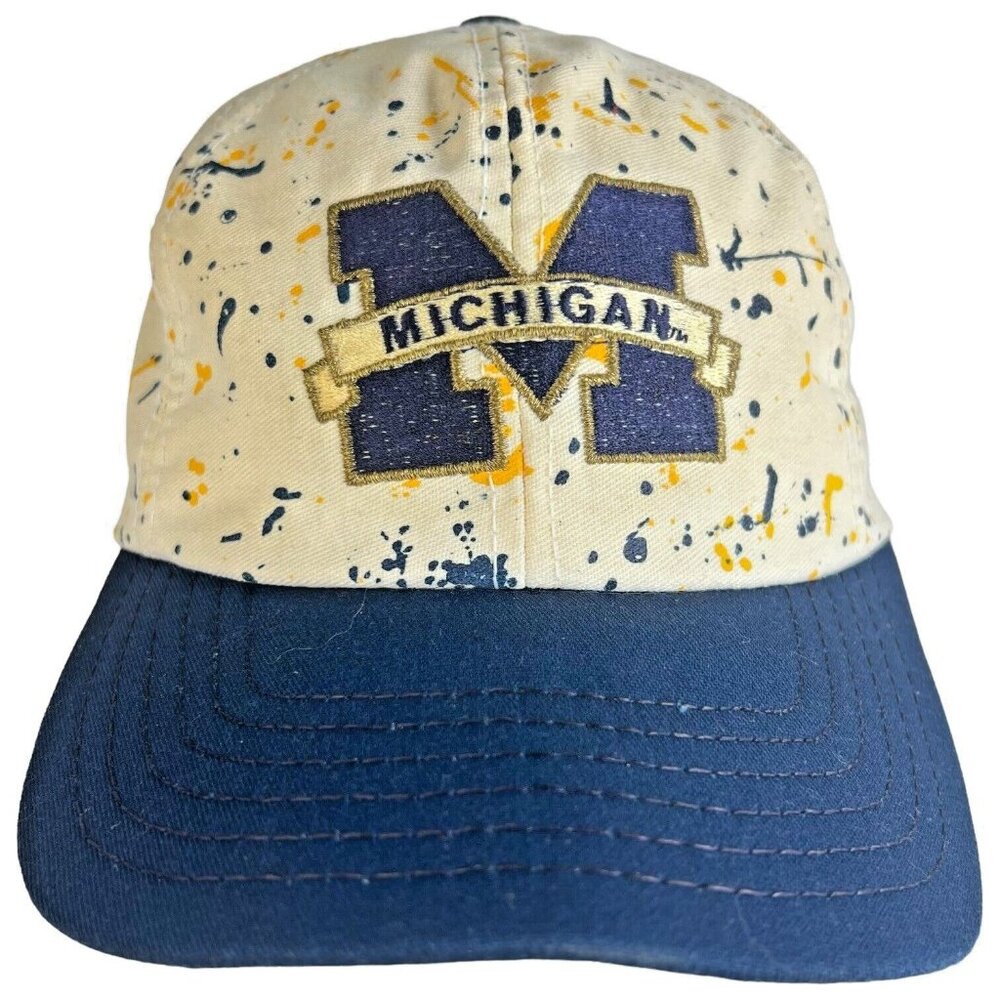 Vintage University of Michigan Paint Splatter Snapback Hat Blue Gold USA College